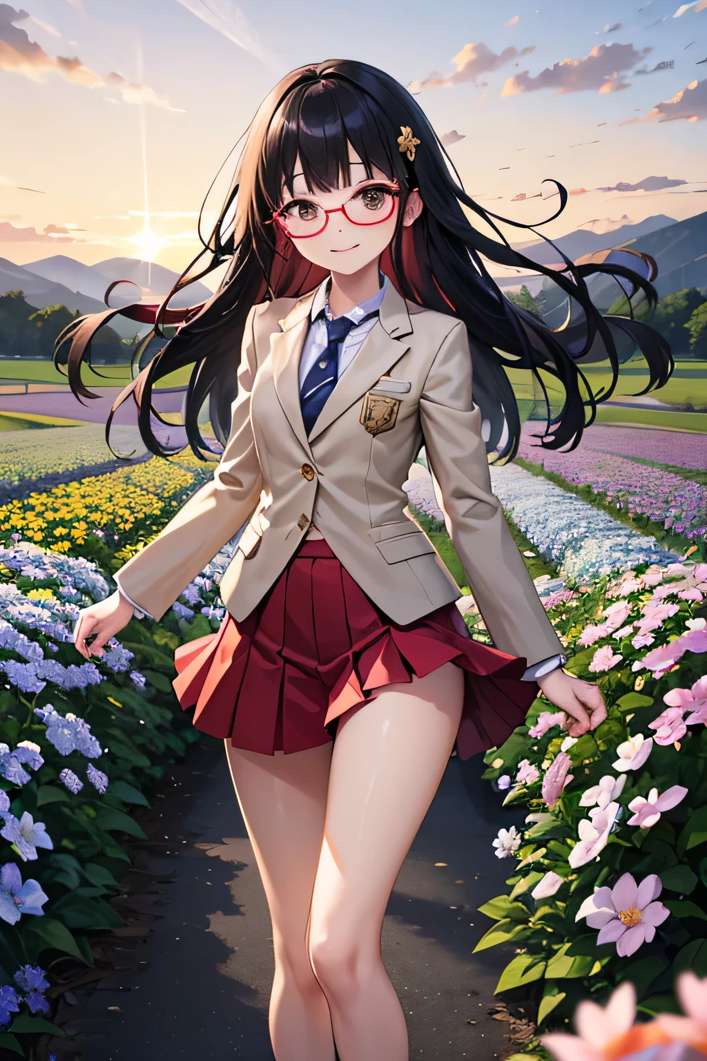 1 girl、masterpiece、Best Quality、つま先までmakes the whole body visible構図、Flower field of small light blue flowers、Flower field showing the sunset、sunset shining through a distant mountain、blue petals are dancing in the air、the glasses stand up slightly to the left side、beige blazer、the hem of the blazer is not in the skirt、red miniskirt、gold colored glasses、Black hair blowing in the wind、The left hand is in front of the chest、Gripping lightly、hold the skirt down with the thigh so as not to roll up the red skirt in the wind、Black eyes that seem to be looking into the distance、skirt with a thin gold line on the red hem、The tie is light pink、smiling、Gentle Eyes、Details、scowl the person、the frame color of the glasses is pink gold、the edge of the lens has no top。put her hair together、the hair doesn't flutter、the hair ornament is light blue、straight long black hair that reaches the waist、light blue ribbon、Serene Vibes、The colors are soft 、Highest image quality、Spring weather、 clear、anatomically correct fingers、with a structurally correct body、8Head to Body、A broad perspective、Look around、From a far position、makes the whole body visible、composition showing up to the toe