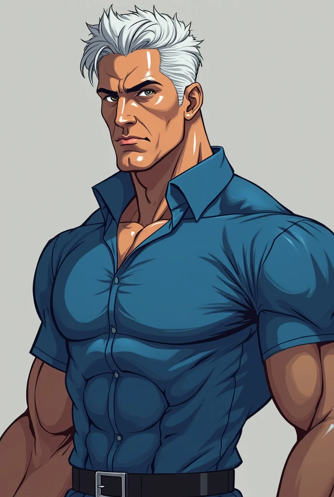 Character sheet image of an adult male named John Smith. He has fair skin with a few freckles, short gray hair slicked back with hints of brown, and intense blue eyes with a watchful expression. His build is stocky and muscular. The style should blend 1980s comic book art with 1980s anime, showing him in a firm, resolute pose. The background should be transparent.