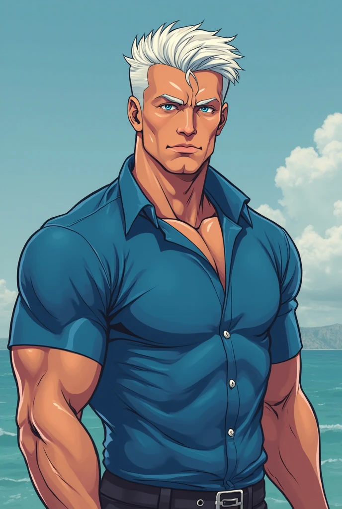 Archer /(fate/), blushing, sexy, short hair, muscular, bara, short stubble, fingerless gloves, erect, tank top, cycling shorts, eye focus, blue eyes, manly, award winning, best quality, highres, high details, anatomically correct, masterpiece, manly, young face,