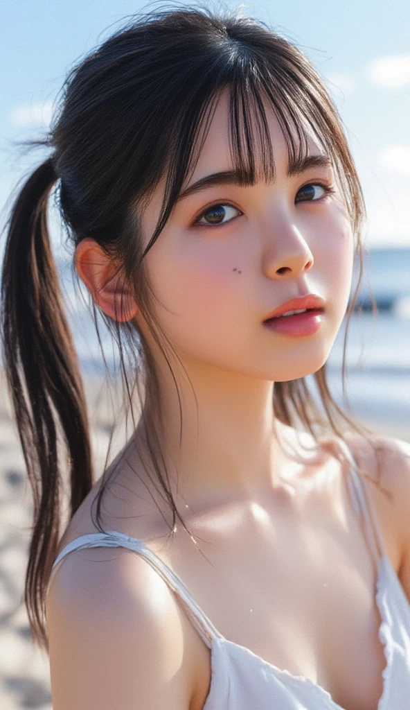 blush,21 years old,Small breasts,Climbing Wall,Long hair ponytail,Outdoor,Beach Volleyballウェア,Face close-up,((8k, RAW Photos, Highest quality, The pieces fly:1.2), (reality, Realistic:1.4), (非常に詳細な8k壁紙), Written boundary depth, Cinema Lighting, Soft Light, Detailed beauty eyes,Shiny and smooth light brown ponytail, Asymmetrical bangs, Glowing Skin, Highly detailed skin ,High resolution, Attention to detail, Detailed hairstyle, Detailed beauty face, Hyper Real, Perfect limbs, Perfect Anatomy ,1 Japanese girl,Famous Japanese Idols, Perfect female body,A shy smile,short eyelashes,double eyelid,Look straight here,Hairstyle: Ponytail、Beach Volleyball、Micro Bikini