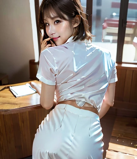 ((Best of the highest quality, 8k, Masterpiece: 1.3, raw photo)), Sharp focus: 1.2, (1 AESPA girl: 1.1), (Solo: 1.18), (realistic, photo-realistic:1.37), face focus, cute face, finely eyes, (Small breasts, flat chest, Thigh: 1.3), full nude, (neat silk shirt, panties: 1.4), short messy hair, updo, (standing, from behind: 1.2), garden, flower