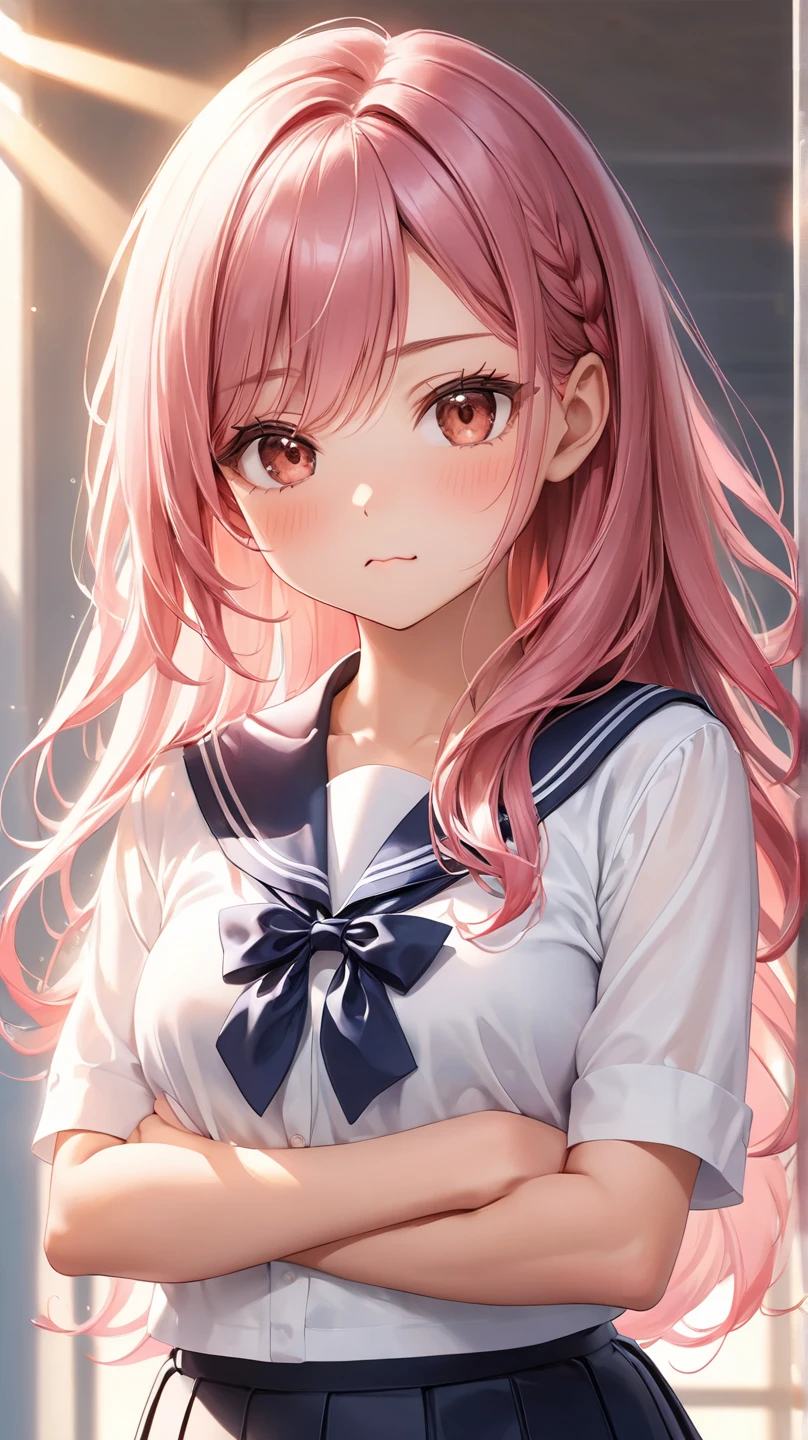 masterpiece、highest quality、Very detailed、Photograph the upper body、1 female、(Put your arms behind your back:1.2)、Are standing、Turn your body forward、View your viewers、(sailor-maid:1.3)、blush、shy、(trembling:1.2)、Pink Hair、Open your mouth、living、night、
