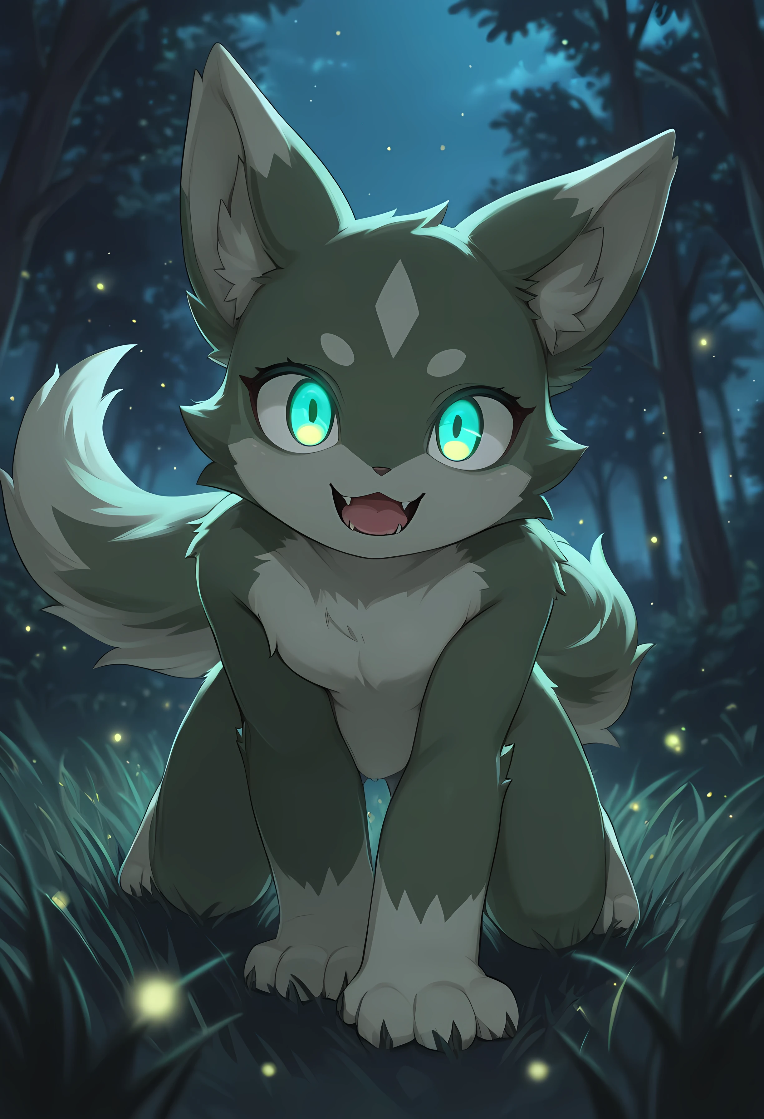 glowing, night, outdoors, no humans, glowing eyes, grass, blurry, solo, looking at viewer, depth of field, open mouth, tail, all fours, tree, green eyes, nature, aqua eyes, fangs, sky, full body, fireflies, 1girl, animal ears, furry