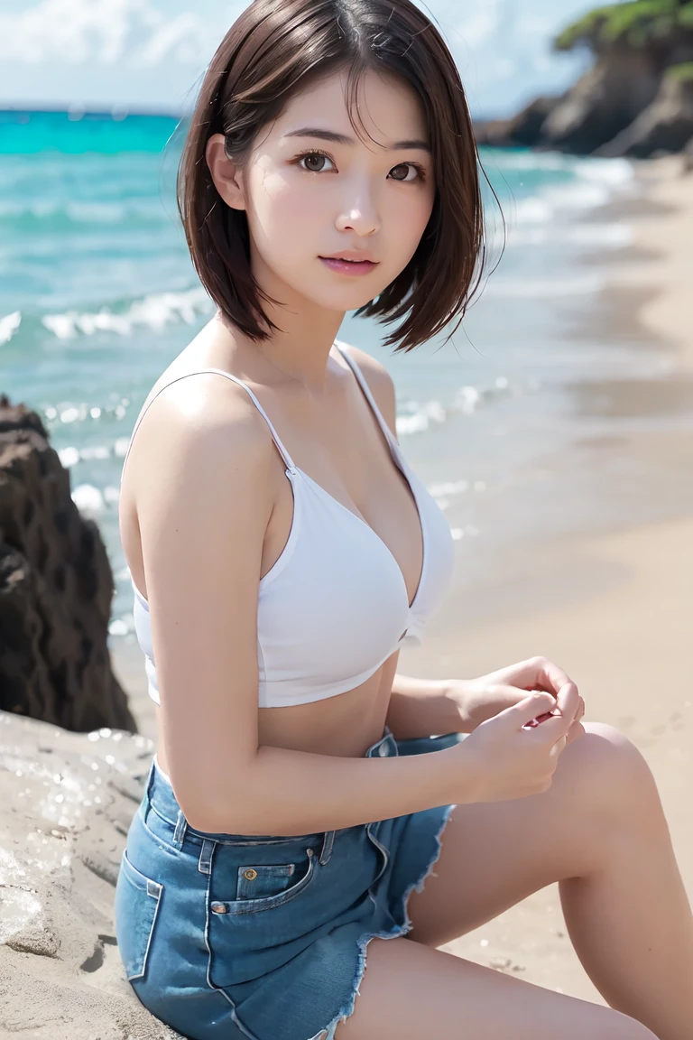 Tabletop, Highest quality, figure, Very detailed, In detail, High resolution, 8k wallpaper, Perfect dynamic composition, Beautiful attention to detail, She is a bikini model,White swimwear hoodie ,Natural lip color, Big Breasts, Medium Hair , background: Sea Resort, Emphasize , Smile