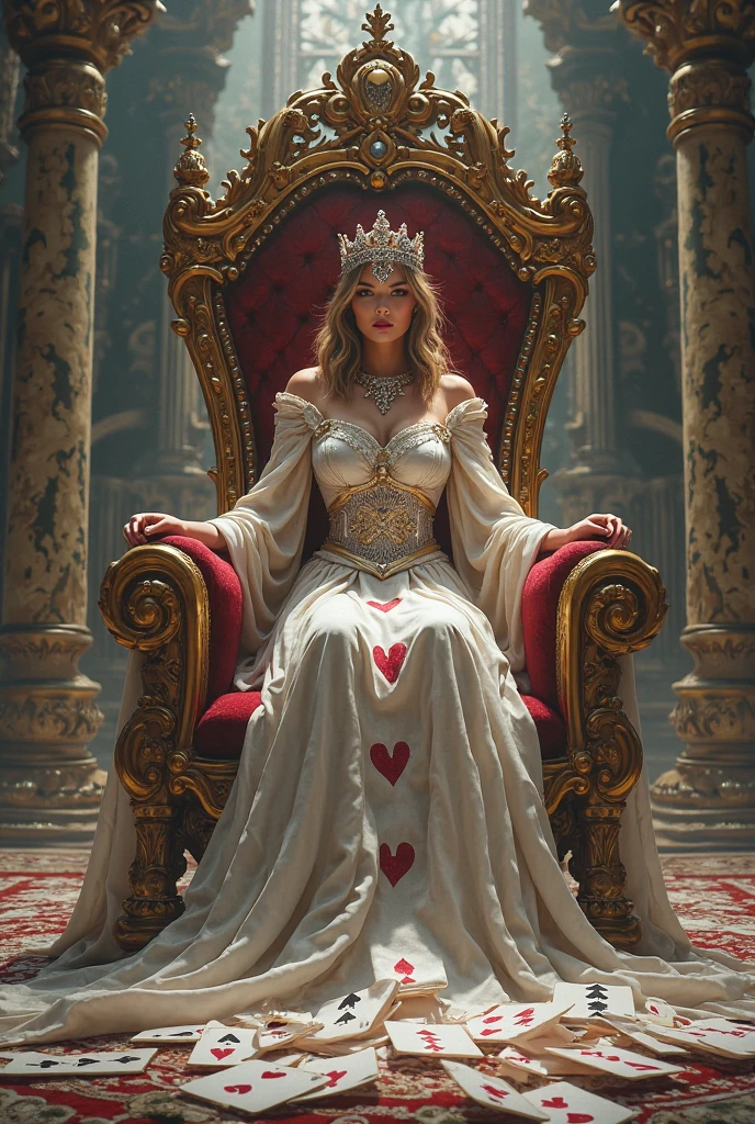 Modern bold Queen with gorgeous white proper dress on red throne playing chess with other have queen in Hand
