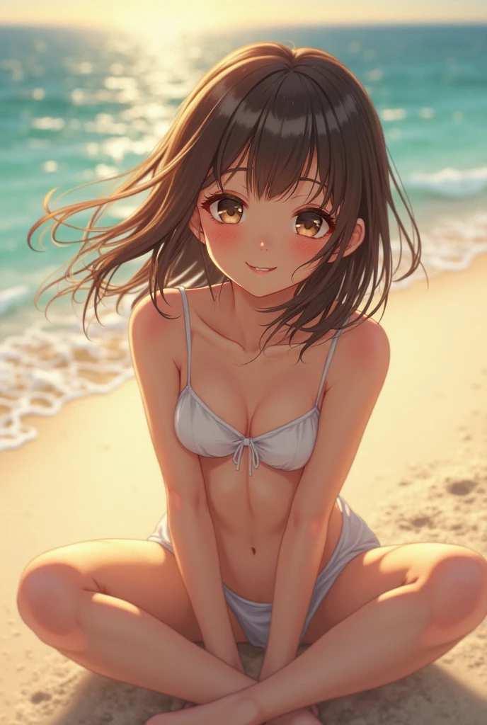 cute girl , ((baby face)),(light smile), brown eyes, wavy hair ,ash light brown hair, (((medium hair))),eyelashes, on the beach, slim, ((Best quality, extremely detailed CG, 8k, beautiful detailed eyes)), (highly detailed background), pink bikini,at noon,pale skin, (cowboy shot), leaning forward