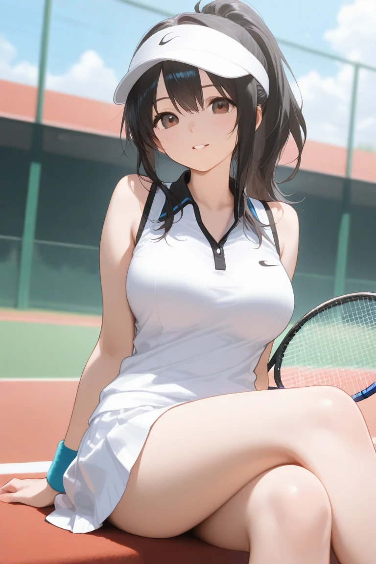 ((masutepiece, Best Quality, hight resolution, nffsw, Perfect Pixel, 4K, nffsw, nffsw))), 1girl in, Single, Solo, Beautie、full body seen、 ((Middle Wave Hair, Bangs, Brown hair)), ((Brown-eyed, Beautiful eyelashes, Realistic eyes)), ((Detailed face, Blushing:1.2)), ((Smooth texture:0.75, Realistic texture:0.65, Photorealistic:1.1, Anime CG style)), medium breasts, Dynamic Angle, Perfect body, White tennis wear, ,breasts looking、(no-bra)、、, tennis coat、during daytime、all-fours、Looks Back、Transverse breasts、Very embarrassing panic smile、(Pink floral lace panties)