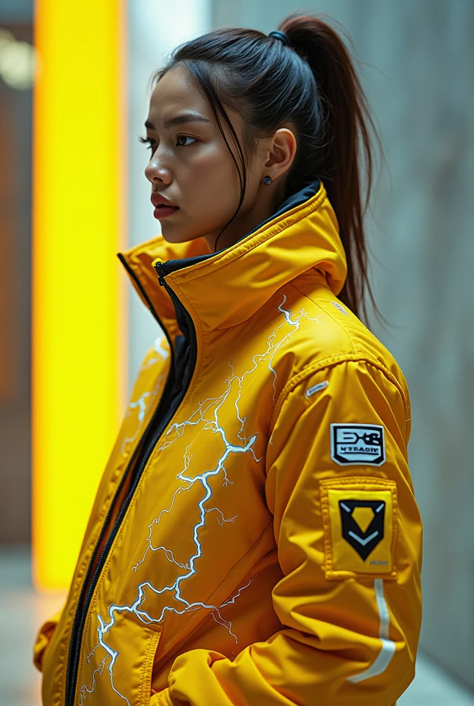 (Highest quality:1.2)。One Woman。Angry expression。(Wearing a yellow jacket cyberpunk)。(yellow eyes) ,。The background is a black。(black shoes) , (full face) , ()