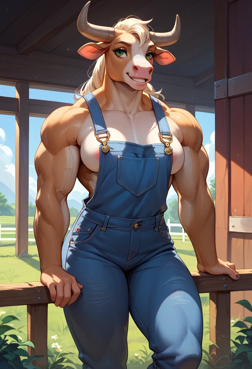 4k highly detailed realistic digital extremely high quality drawing, masterpiece, (by keeltheequine), (uploaded on e621), (a three-quarters portrait of a female anthro bovine), (posing on a beach), (wearing a collar and micro-bikini), (beautiful and detailed eyes: 1.1), fur, seductive, sexy, voluptuous, curvy body, hourglass figure, large breasts, muscles, thick bimbo lips, blonde ponytail hair, cinematic lighting, (f1.8 short focus bokeh)