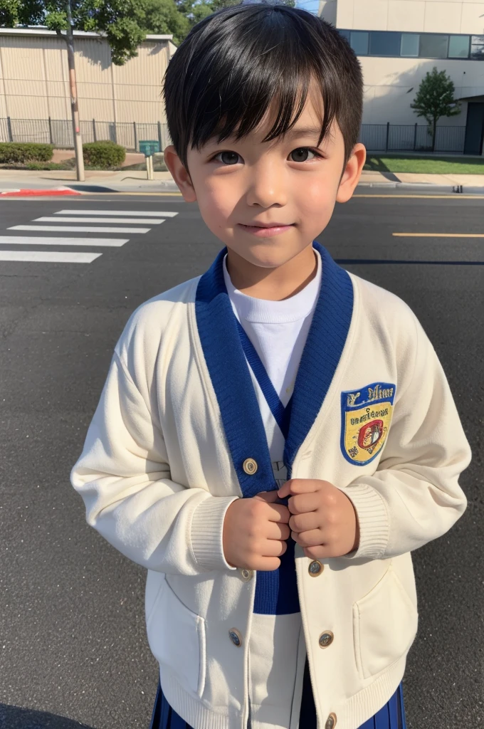 GENERATE A STUDENT pixar sweater open with buttons embroidered on the left side leibnitz mustard color DARK BLUE DARK BLUE TIE AND WHITE SHIRT a WITHOUT JACKET