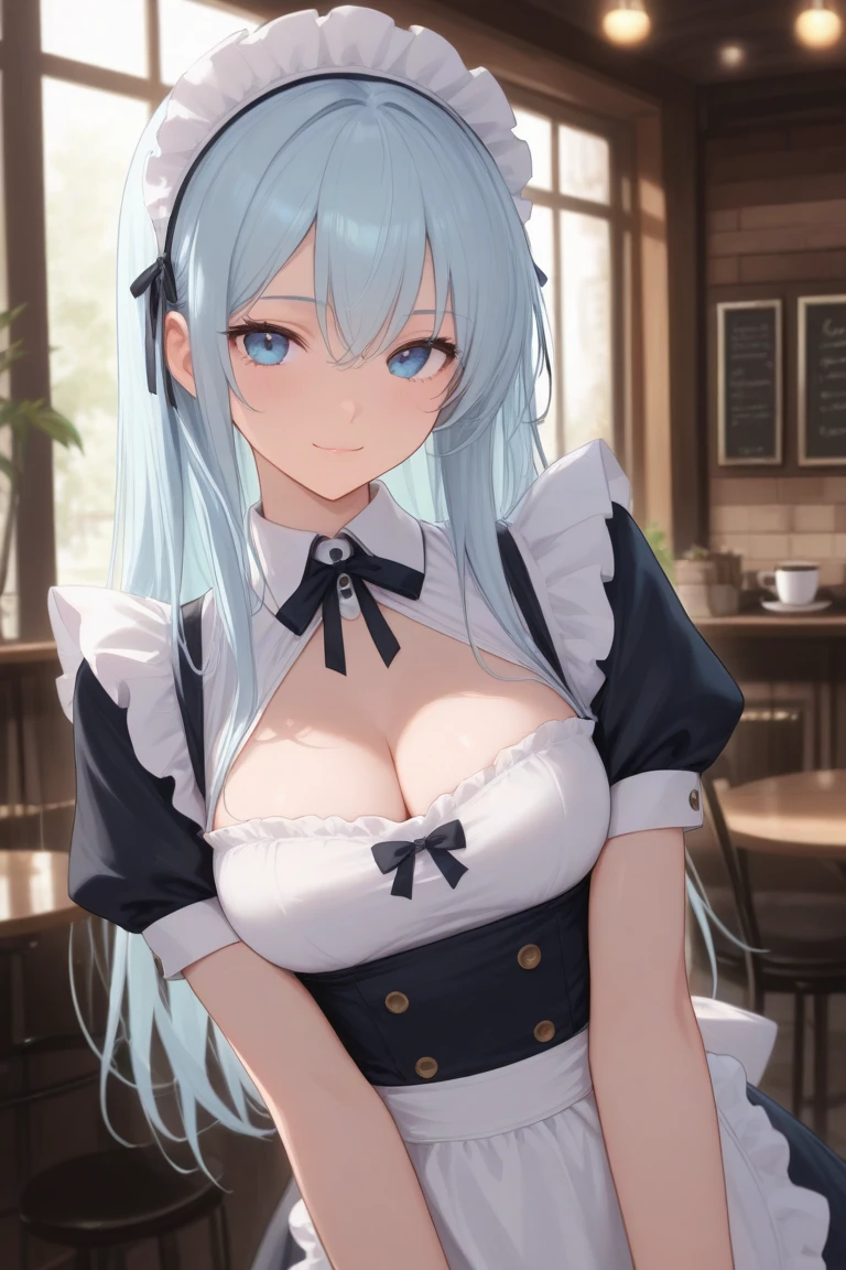 (((Upper Body))、(((Accentuate your breasts、Shiny underwear)))、Highest quality, 8k, masterpiece :1.3)), whole body, Sharp focus :One Girl,Glowing Skin,SSexy pose,Highest quality,Tabletop,shape,Very delicate and beautiful,Hmph,8k壁紙,wonderful,In detail,Official Art,Very detailedなティッカーUnity 8k壁紙,Incredibly ridiculous,Large file size,Very detailedな,High resolution,Very detailed,Beautiful detailed girl,Realistic,X-ray,The queue is full,(((Maid clothes、skirt)))、(((Big Breasts、Light blue hair)))、(((Cafe、Starbucks)))、Stand upright、Cleavage , ((長いLight blue hair))、ミニskirt、Maid clothes、Sexy pose、Hairstyle:Twin tails、both hands、Lace panties
