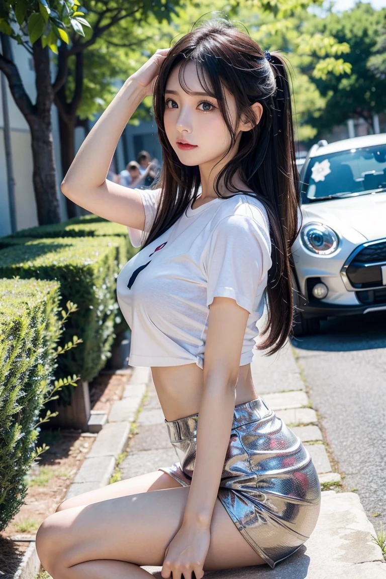 realistic, 1 women, best quality, 12k, HD, long hair, big round breasts, cleavage, ponytail, necklace, jewelry, shorts, short jacket, slim hips, hair tie, yellow eyes, black hair, super detailed, Eye details, hair details, person details, mouth details, face details, breast details, clothes details, hair details, pants details, hand details, whole body