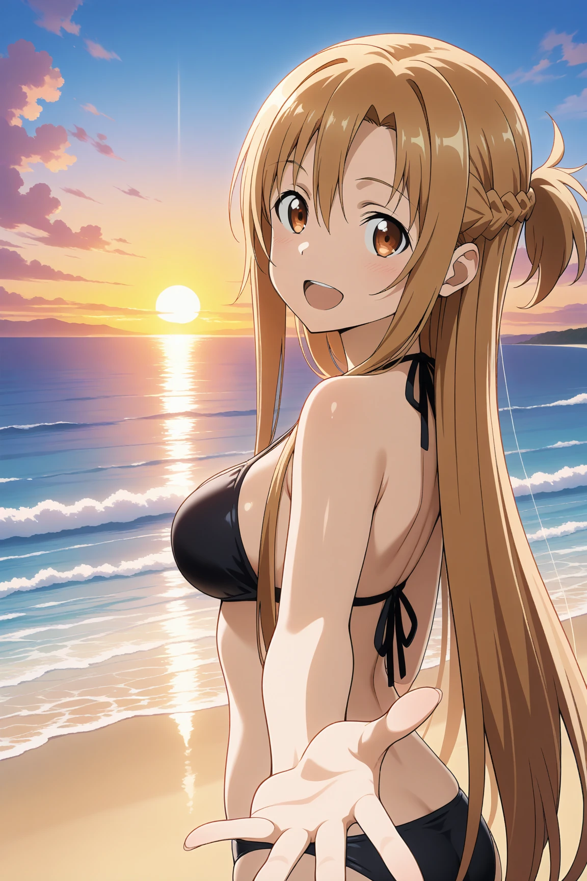 (8K),(anime colored),(masterpiece), (best quality), ((ultra-detailed)), (illustration), (an extremely delicate and beautiful),1girl,solo, lucy heartfilia, long hair, blonde hair, (brown eyes:1.5), hair between eyes, sidelocks, black bikini, smile, cowboy , fish eye lens, (wide shot), shot from behind, looking back, detailed background, summer, nature, waterfall, reflective water, dappled sunlight