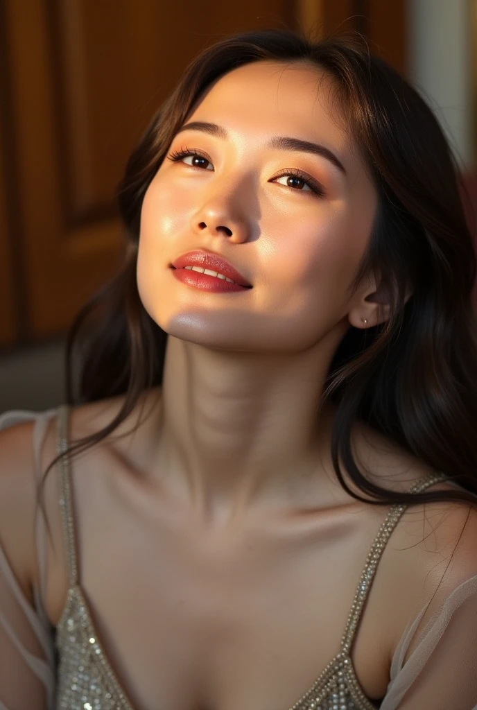 Create a (( mid-shot )) photorealistic image of a beautiful Asian woman with fair, smooth, flawless skin. She has large, round, sparkling eyes with naturally long and curled eyelashes, and well-defined, dark eyebrows. Her nose is straight and high, and her naturally pink, soft lips form a gentle smile. She has short, slightly curled brown hair that highlights her delicate facial features. Her face is oval-shaped, with a wide and high forehead, moderately high cheekbones, and a pointed, slender chin. (( waist to top)) ((,She is wearing a shirt slender shoulders with (((.bralette trap))), simple necklace , highlighted by the rays of light creating a radiant effect on her skin. , mid-shot , light rays, warm atmosphere ,))