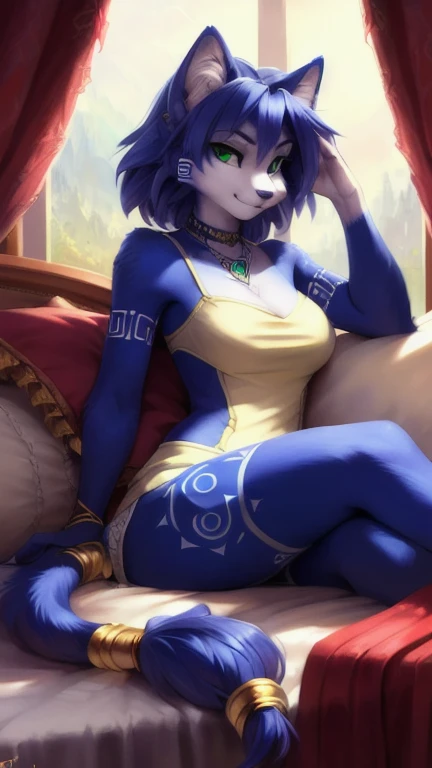 A beautiful and detailed (sweet picture) of ((Krystal)), Star Fox Krystal, green eyes, medium breasts, (((Long blue hair 1.3))), anthro, furry, (of Fluff-Kevlar, Bayard Wu, Personalami, Pino Daeni), detailed fluffy fur, detailed face, (fluffy), 1 girl, alone, lies on a blanket, looks at the viewer, Viewer is above her, sleeps curled up, cuddles with her tail, tail hug, dakimakura style