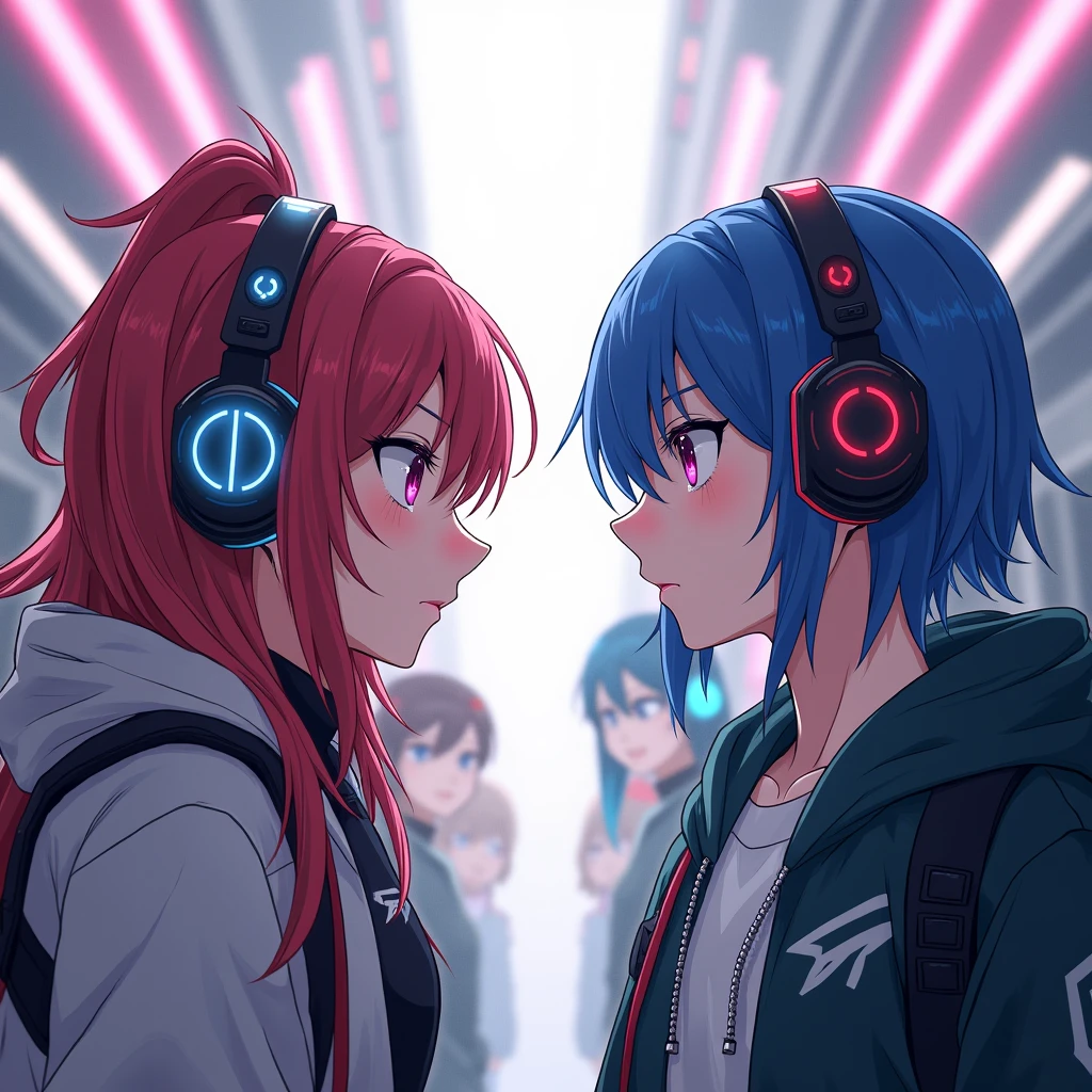 Divided Anim Gamers, divided into two sides, left and right, looking at each other ...