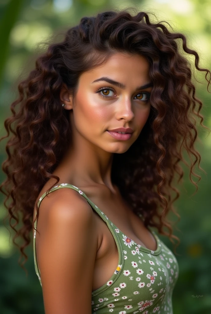 There's a woman in a green top holding a pillow of red polka dots, curly middle part haircut, sem maquiagem cabelo ondulado, Ela tem pele marrom oliva, Retrato Sophie Mudd, com olhos verdes deslumbrantes, grandes sobrancelhas grossas e ousadas, her black hair is a long curly, with parted lips and stunning, com olhos azuis brilhantes, cabelos cacheados e curtos, sem maquiagem, Realistic