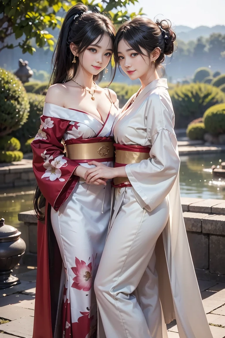 最high quality、high quality、Best image quality、8k、最High resolution、High resolution、最high quality、masterpiece、RAW Photos、whole body写真、Detailed and realistic human body、Detailed and realistic skin、Realistic face in every detail、Detailed and realistic eyes、Detailed and realistic lips、Detailed and realistic teeth、Detailed and realistic ears、Detailed and realistic hair、Realistic reproduction of every detail、((Beautiful Hands(thumb１、reference４))、Realistic feet down to the last detail、((Beautiful Japanese Girl))、(Japanese Model)、((18 year old beautiful girl２))、(Black Hair)、(Random Hairstyles)、((whole body))、((Slim and perfect figure))、(Beautiful and firm breasts)、(whole body光沢肌、Fair skin)、((twins、Sisters))、((A few girls))、Soft natural light、China dress、kimono、Ninja costume、Japanese tradition、Japanese garden、((Colorful see-through(Floral Ninja Costume))、((Relax in the garden(Girls hugging each other２))、(Girls looking at each other２)、(Kiss a girl２)
