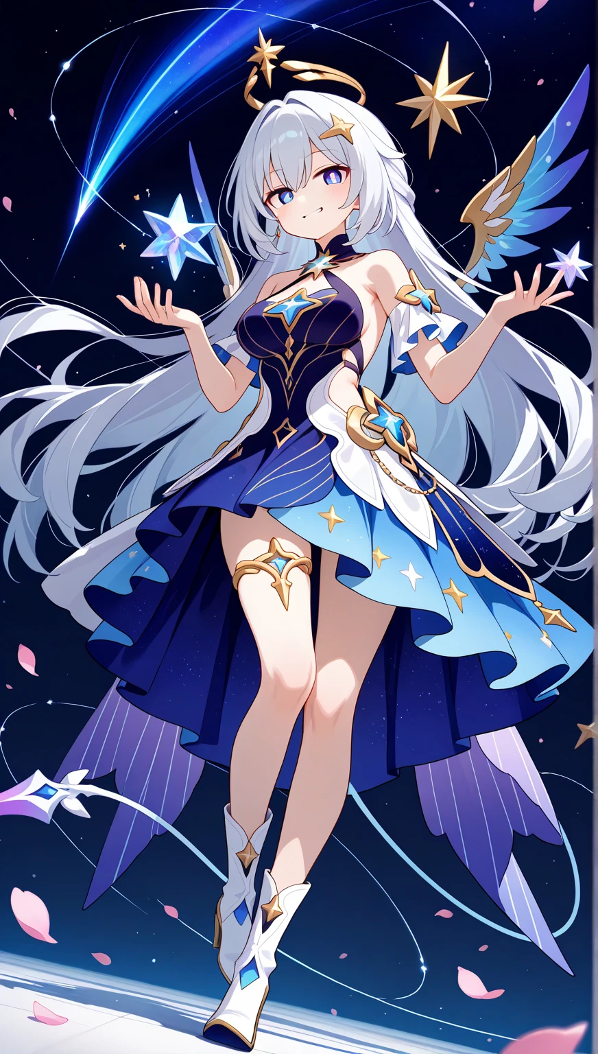 Close-up of a boy wearing a white crop top dress with a jewelry brooch、Official artwork、He has long cyan-purple hair、Boy with long purple hair、Blue Eyed Boy、Side Ponytail、Long legs、solo、Blue mini skirt、Black knee socks、Blue Boots、short puff sleeves、white panty、Blue wrist cuffs、Cool Magic Boy、Official character art、Splash art anime、style of Magic Boy、Full body close-up、Official Fan Art、Anime Moe Art Style、Happy!!!、!!Full body portrait!!、Official character illustration、sparkling Magic Boy、Heavenly Aura、Sapphire Prince、Hymn to the King as a Prince、Magic Boy、Cowboy Shot、portrait of Magic Boy、a boy is a standing、looking at viewer、Blue's iconic character、