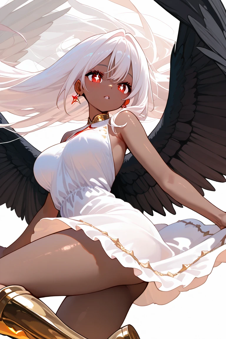 Thighs、Dark skin、Red clothes、belly button、shoulder、turbaned、The background is the wilderness、outside、long hair、Red eyes、Red sunset、Open-chested clothing、Black wings、White Hair、