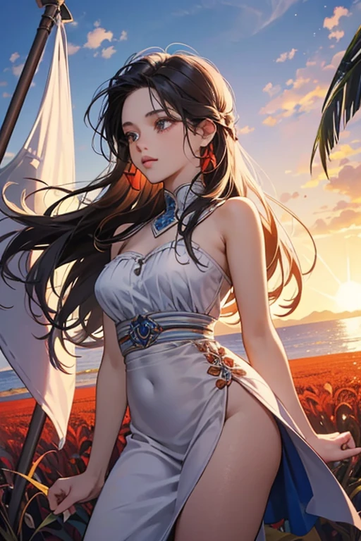 A captivating anime-inspired scene of a stunningly beautiful young woman meditating serenely at the edge of the Atlantic Ocean shore. Her dark brown hair billows gently in the breeze, framing her gracefully arched back and revealing a captivating tattoo. The warm sunset casts a vibrant and magical glow over the surroundings, with a blend of vibrant colors and mysterious elements immersing the viewer in an otherworldly experience. The seductive figure wears a light, semi-transparent flowing dress and a thread-thin thong, highlighting her toned and alluring body. The dark fantasy atmosphere is further enhanced by the enchanting blend of vibrant colors and mysterious elements, transporting the viewer into a mesmerizing world., anime, dark fantasy, vibrant