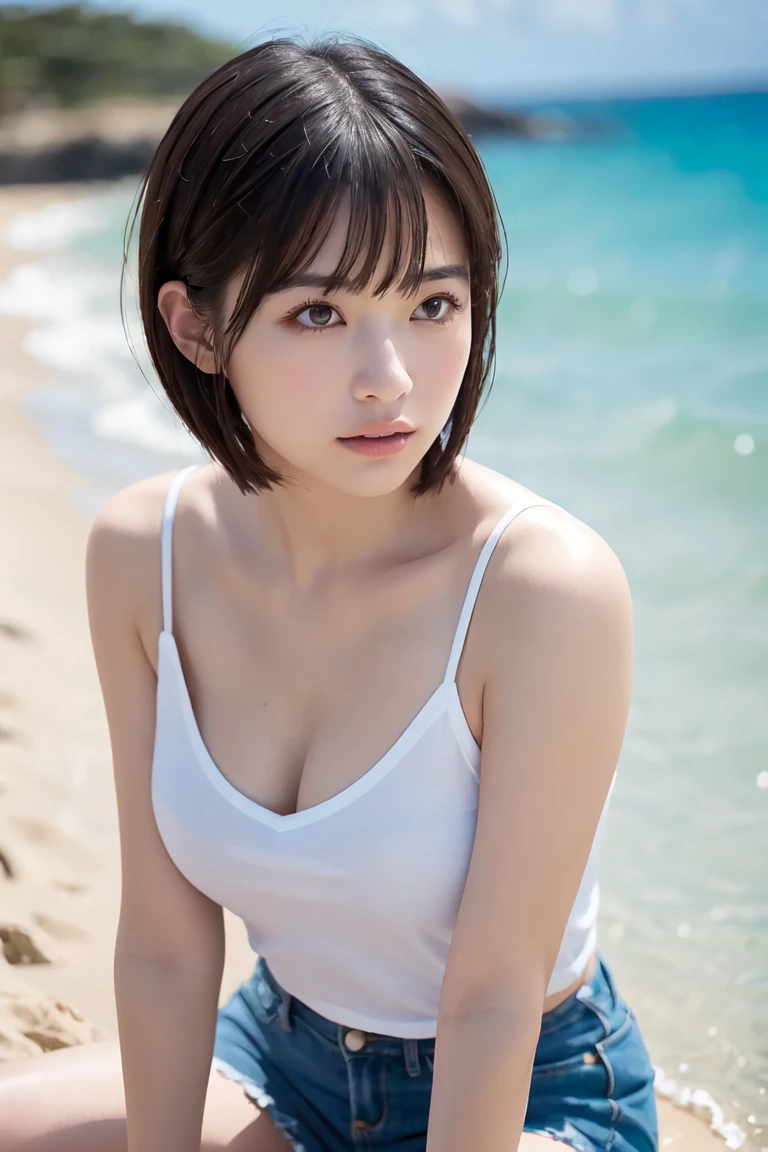(8K、RAW Photography、top-quality、masterpiece:1.2)、(realisitic、Photorealsitic:1.37)、女の子1人、japanes、23years old、femele、during daytime、sea side、undergarment、Satin shiny underwear with a small area、large full breasts、sexy body、natural soft light、(Front view)、dark brown hair、bob cuts、详细的脸、Detailed lips、detailedeyes、More skin、二重まぶた、a wet body、perfectbody、Trained abs、shinny skin、Make eye contact with the camera、Turn around from behind、Underwear that bites
