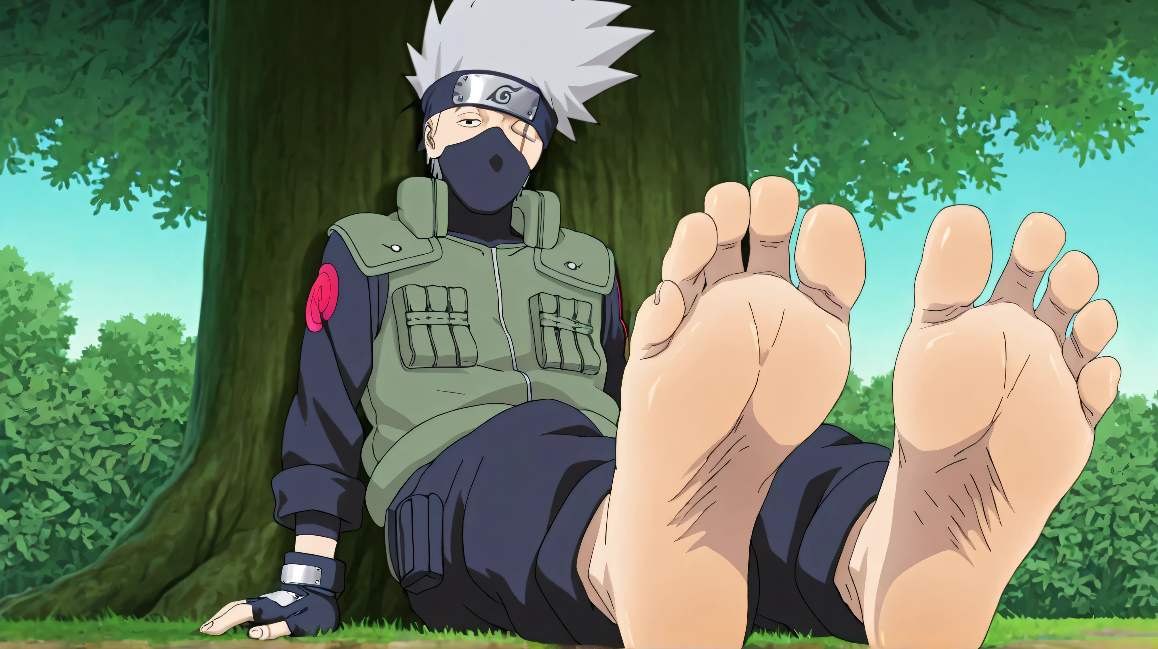 1boy, [kakashi, grey hair, covered mouth, mouth mask, red eye, scar across eye, forehead protector], barefoot, (five toes), foot focus, teasing viewer with soles of feet, y smirk, wide soles, smooth soles, meaty soles, big feet, anime screencap, anime coloring, official style, manga style:0.7, in a park, back leaning against a tree, sitting on grass, feet , extreme close up on feet
