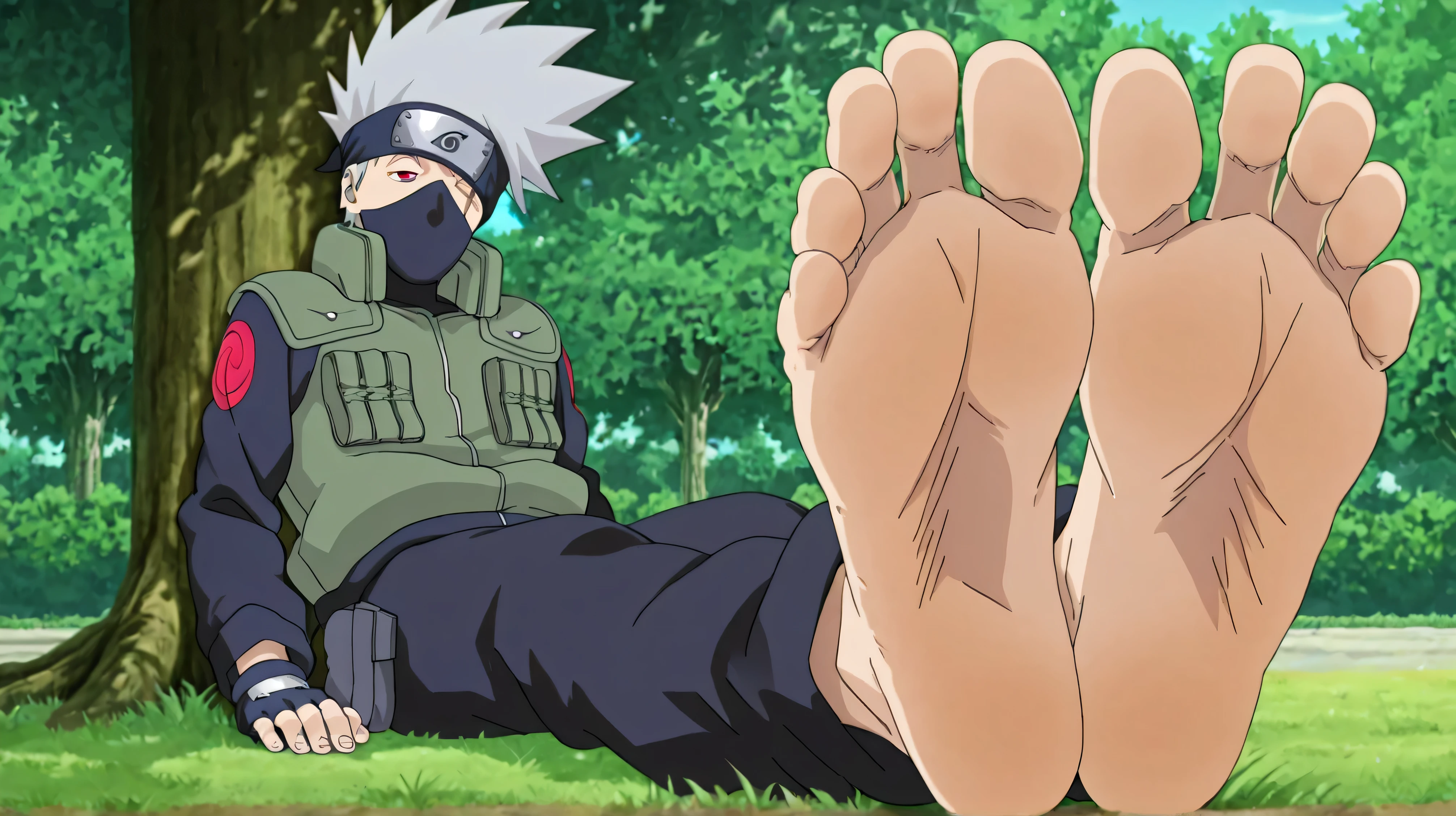 1boy, [kakashi, grey hair, covered mouth, mouth mask, red eye, scar across eye, forehead protector], barefoot, (five toes), foot focus, teasing viewer with soles of feet, y smirk, wide soles, smooth soles, meaty soles, big feet, anime screencap, anime coloring, official style, manga style:0.7, in a park, back leaning against a tree, sitting on grass, feet , extreme close up on feet, soles in viewer’s face