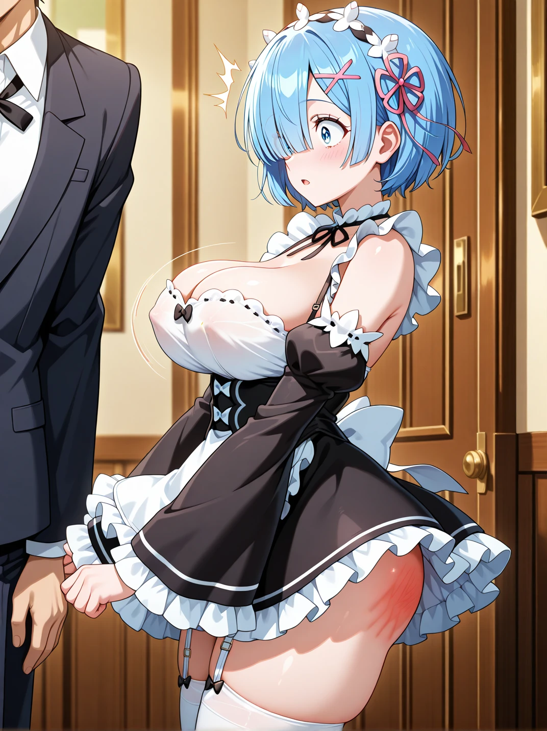 Re:Zero's Rem、light blue hair、short hair、table top、High resolution、many girls multiple girls、large crowd、lots of cute girls、big and full breasts、naughty body、See-through、throw、、whole body、Are standing、Look up at me、confused face、blush、black pantyhose、female shape'Private parts are clearly visible、I can see your nipples、white shirt、navy check skirt、micro mini skirt、very short skirt、Department store、shop、Many people々々、in the crowd、bare chest、show your chest、while holding the tray、place the chest on the tray、Upper grade、A lot of milk comes out from the nipples、Breast milk gushes from the nipple、cat ears maid clothes、blue gingham maid outfit、With cup 、Breast milk drips from the nipples、Breasts wet with breast milk、The shape of a woman's private parts is clearly visible、close up of chest