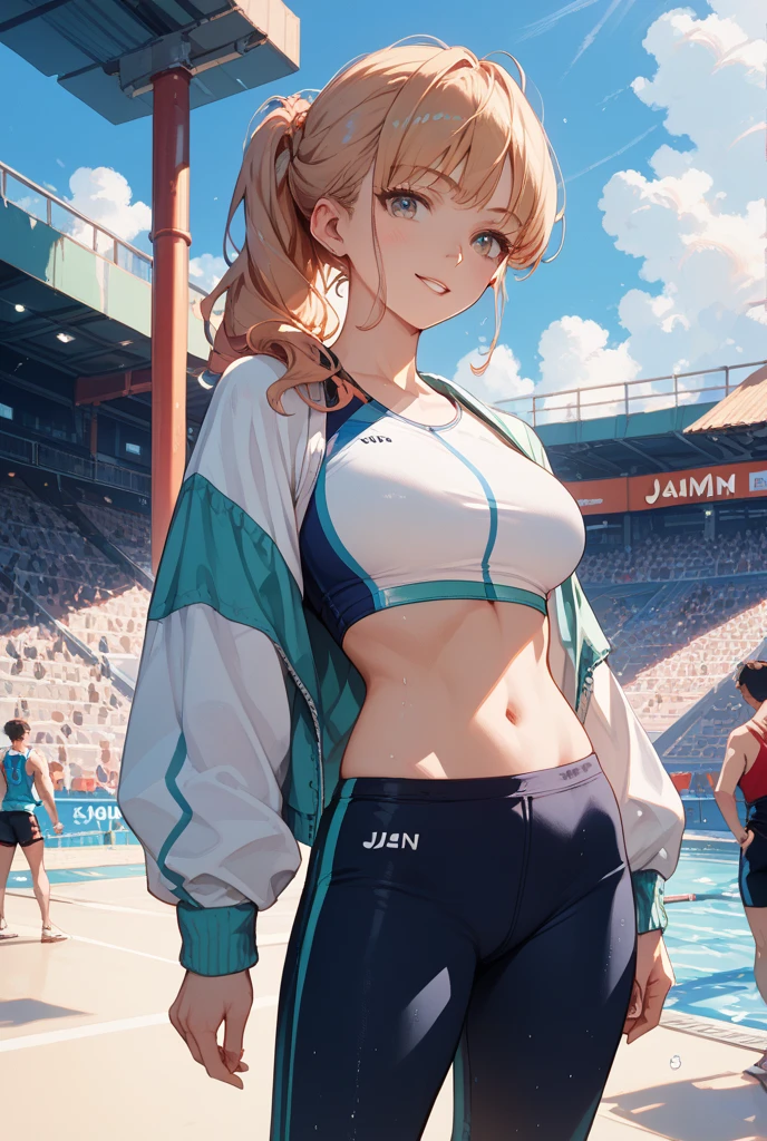 (Original Character、Unity 16K Wallpaper, Masterpiece, Best Quality, Ultra-Detailed, Extremely Detailed CG, Caustics, Cinematic Lighting, Detailed, Beautiful Detailed Eyes, solo), Ultra High Resolution, fine skin, (track and field:1.2) 、(strong light)、oily skin,smile , from front:1.2、(sexy women)、Arena、full body shot、separate、racing bloomers、show off belly,show off neck,sunny day、cowboy shot,gray hair、sit on the bench,open legs,pixie cut,blush angry,