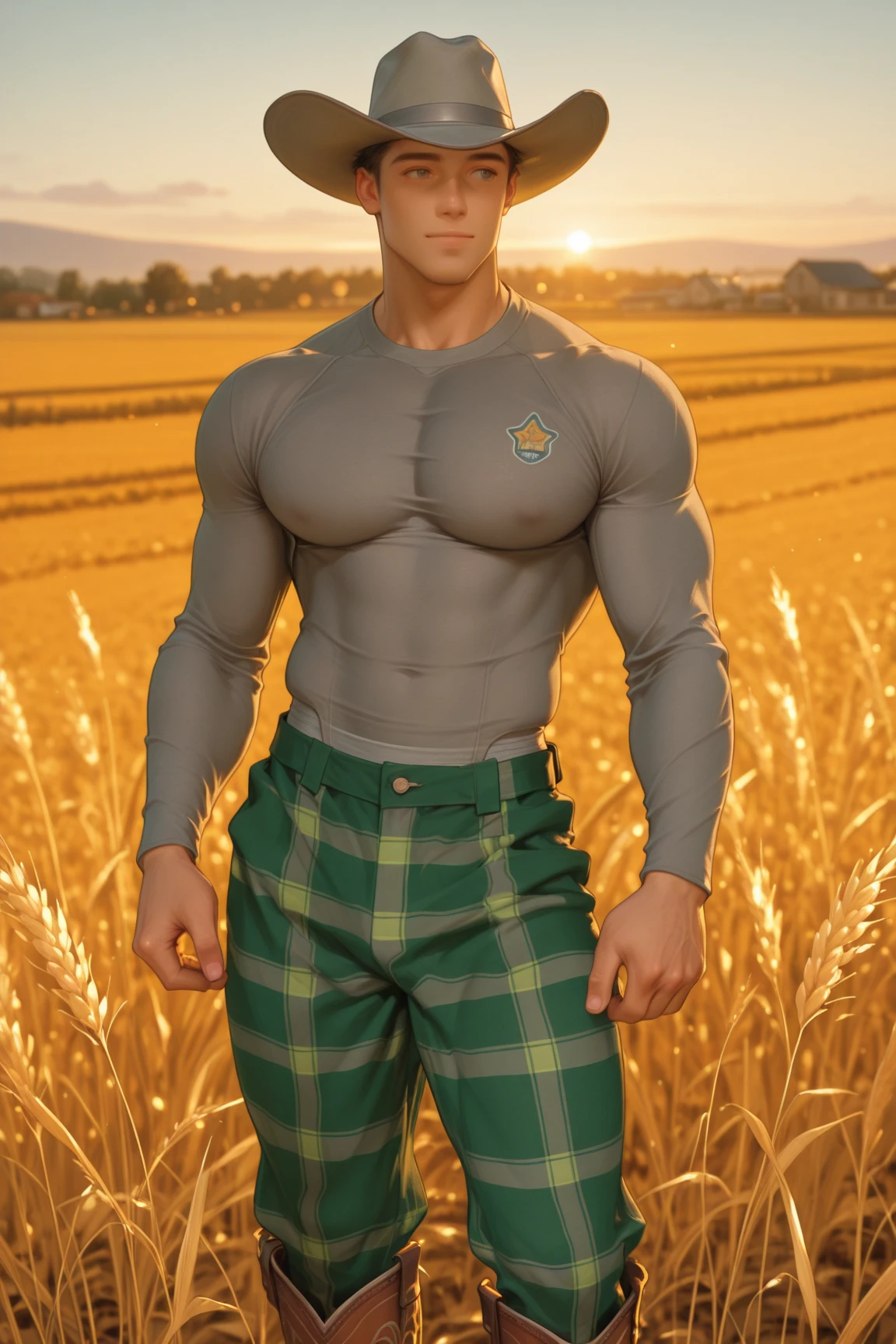 Brimstone, Brimstone /(Valorant/), realistic, best quality, male focus, 1boy, looking at viewer, crop top, rainbow, colorful outfit, beret, casual outfit, masterpiece, facial hair, (pride parade:1.2), pride flags, city background, gay, bara<lora:BrimstoneValorant-000008:1>