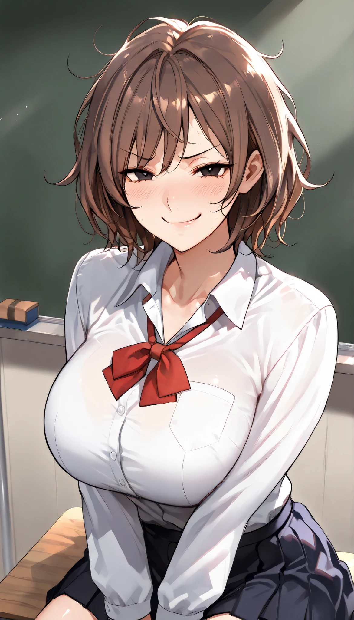 SOLO,Modern Backgrounds,A female with slim body(older girl),black eyes,medium oppai,shiny skin,(Wearing A loose JK skirt),(White school uniform),Sitting in Classroom,Arrogant sitting position,(Brown hair,Short hair,Messy Hair),(Smug),slightly tilted forward,UHD, SOLO, anatomically correct, masterpiece, textured skin, high details, highres, 1080P, 16k, accurate, Beautiful face, Beautiful Nose, Perfect face, Highly detailed beautiful face and eyes, Attractive face, Detailed face, Delicate facial features, Detailed skin,Cowboy shot,(Look at the viewer)