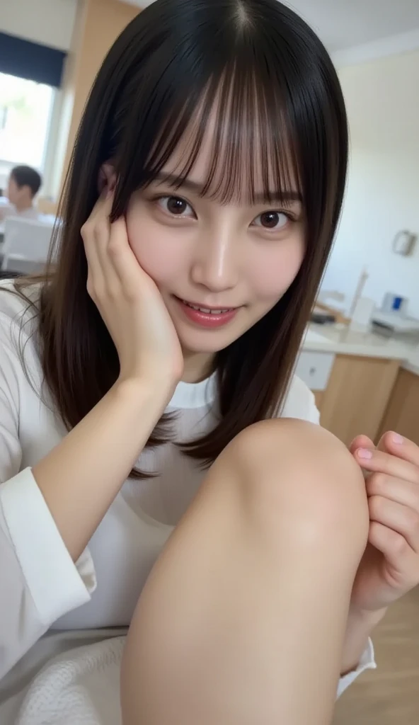 nsfw,((Completely naked))、((Beautiful nipples))、((flat chest)),1 Girl, alone, Japanese girl, 14 years old,Junior high school classroom、(Highest quality, Realistic, High resolution, 8K, Very detailed, Detailed face, Shiny skin), Japanese , , Black Hair, ragged bangs, ponytail,Gazing into the distance,Young face、Are thin、Slim figure、slender、Short、 System、((Lots of sweat))、Nice thighs、Crouching、Shooting from the side、The best smile、