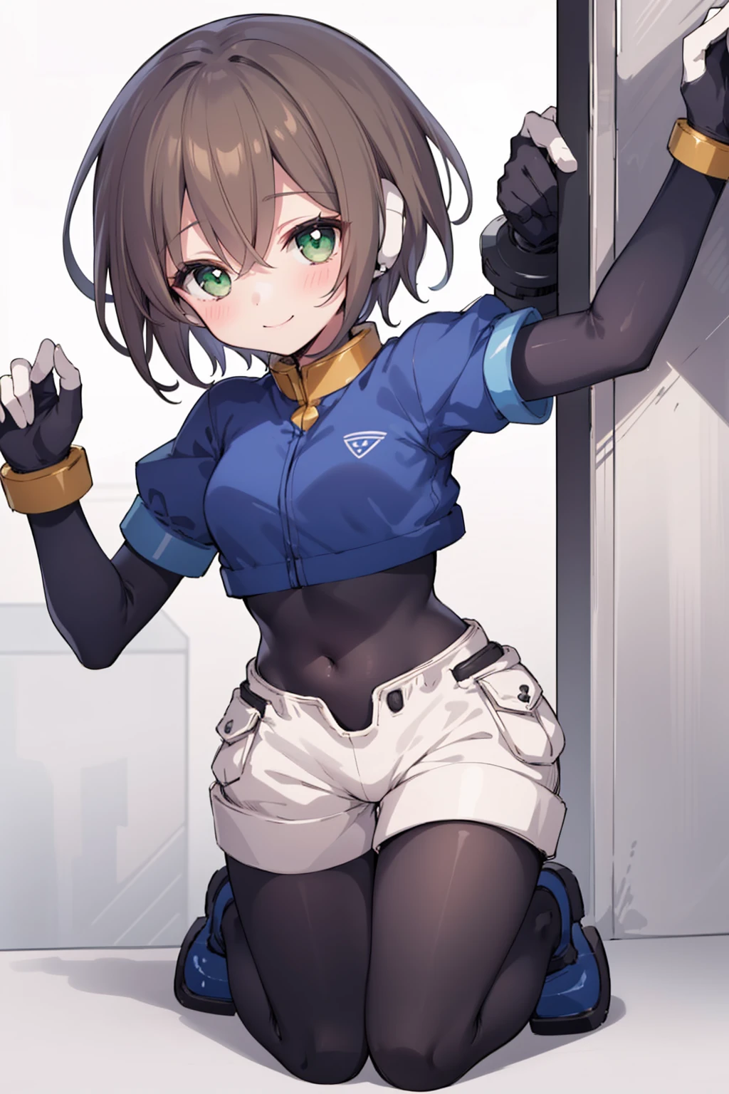 aile_megamanzx, kneeling with one hand on the ground and the other arm raised, 1girl, solo, short hair, brown hair, short sleeves, (bodysuit), robot ears, green eyes, short_shorts, short sleeves, short over long sleeves, smile, in futuristic city, , high quality, medium_breasts,crotch, slouch