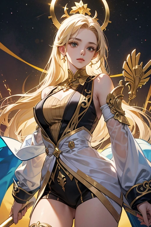 Lady Ariadne of Etreal, a young woman of striking beauty with an ethereal quality, embodying hope against the dark reign of her mother, Empress Seraphina. She has deep, vivid blue eyes reflecting innate purity and strength, and her soft, golden hair glimmers with traces of magical luminescence. Ariadne wears elegant, light, flowing fabrics that mirror her connection to the realm of light magic, contrasting with the opulence of royalty. Her expression is one of determination, yet tinged with introspection, showcasing her profound sense of justice, compassion, and the inner conflict driven by her destiny. She is surrounded by a subtle aura of light magic, with healing, protection, and illumination spells visible in the form of ethereal symbols floating around her. The background hints at a secluded upbringing in a peaceful, natural setting far from the imperial court, yet her stance suggests readiness to embark on a journey of discovery and confrontation with the darkness enveloping her homeland, Art Styles: high fantasy, ethereal, Art Inspirations: classical fantasy art, Camera: 50mm, Shot: medium shot, Render Related Information: high resolution, detailed with a focus on capturing the luminous quality of her magic and the depth of her character, soft ambient lighting to enhance the ethereal and hopeful atmosphere.