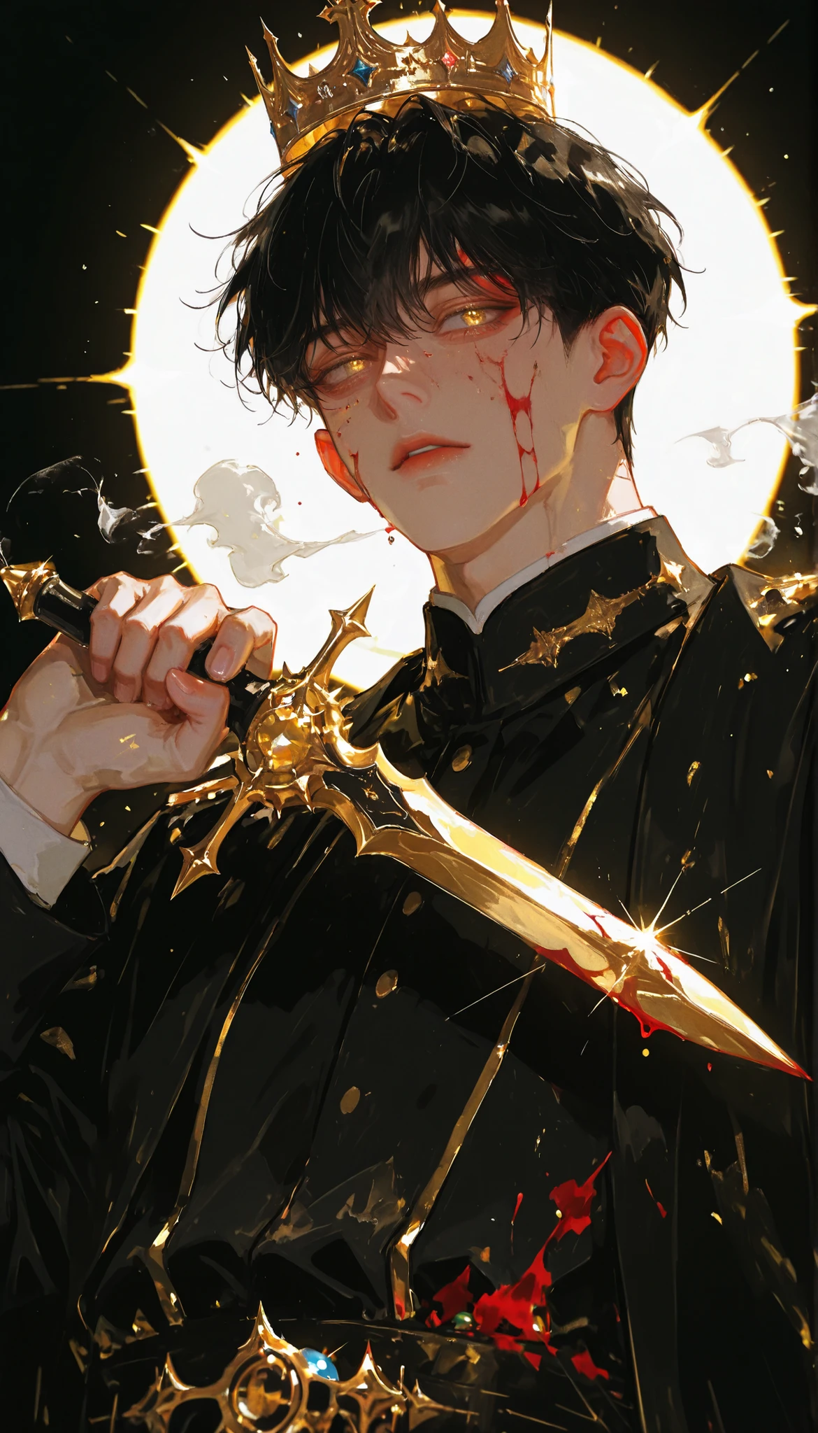 hyper-detailed, ultra-high-definition, luminescent, (1man, solo, alone), handsome, black hair, short hair, gold eyes, moonlight background, moonlight filtering through the dust-filled air, semi-realism manhwa, crown, (king, holding jeweled dagger: 1.3, blood on clothes and face), dynamic angle