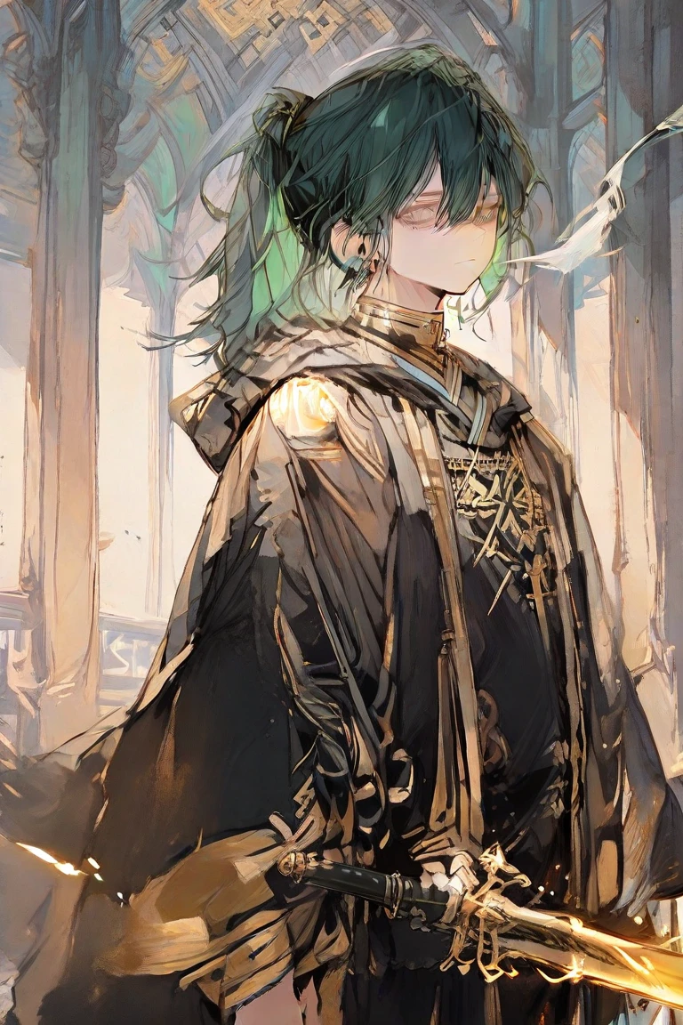 masterpiece, Highest quality, One grown-up boy, (Black clothing),(Delicate eyes and face),Highly detailed CG Unity 8k ,Tribal tattoos from shoulder to arm,A single horn grows from its forehead,Long green hair and scars,Creepy Smile(With teeth showing),Wearing iron shackles and leg irons,The boy is trying to hit with all his might.
