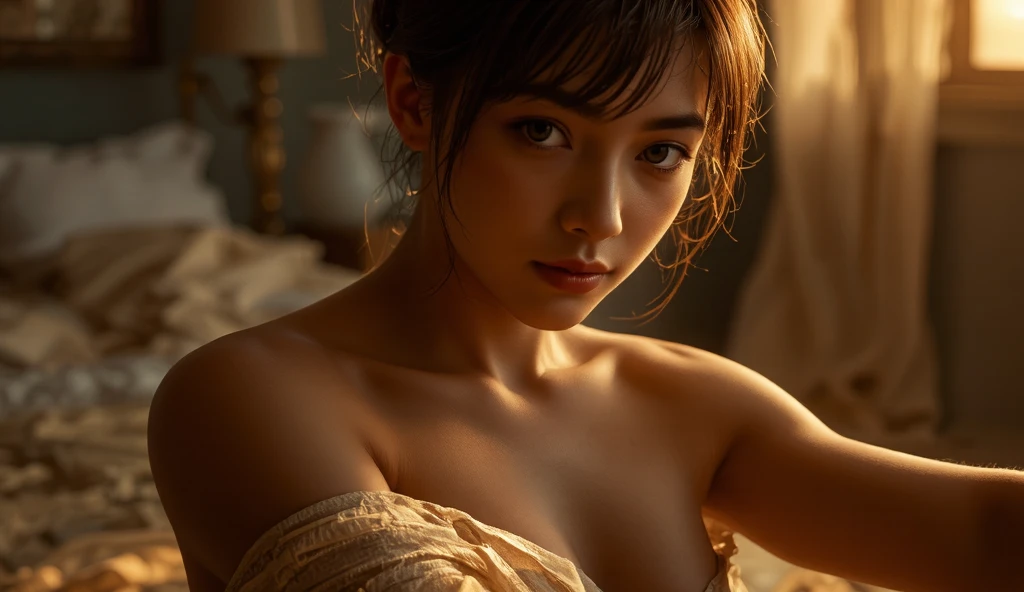 (Highest quality:1.4),(masterpiece:1.4),(Realistic:1.4),(Realistic:1.2),(超High resolution, RAW Photos:1.4),(High resolution, Ultra-detailed:1.2),(8k:1.2),View your viewers,Cinematic photography,a photo of a dark-haired,One girl,alone,((After bath，Completely naked，Damp Hair，Wrap a bath towel around your body,View from the front)),skeletally correct,（Western-style building interior，Dimly lit room，The lamplight shines on my cheeks）