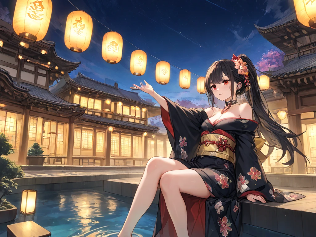top-quality、​masterpiece、Beautiful older sister in yukata looking at the night sky with stars shining、Beautiful face、Gentle expression、Perfect Style、tall、Beautiful legs、Beautiful skins、Medium chest、Various hairstyles、Japanese hair、The wind is blowing、Hair is fluttering、Mysterious night Japan garden with waterside and waterfall、Stars illuminate the night sky、starrysky、16k picture quality、Best Quality、masutepiece, 超A high resolution, (Photorealistic:1.4), Raw photo)、High quality drawings、Various angles、Various compositions、An ultra-high picture quality、ultra-quality、ultra-fine drawing、ultra-detailliert、Extremely detailed、Finely detailed、Realistic、Beautiful、Supreme Beauty、dark colored、natural soft light、fullHD、Ultra-delicate images、Ultra-detailed details、Best Shots、The whole picture、Various compositions、Various angles)、