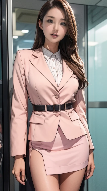 1girl, brown hair, curly hair, hazel eyes, businesswoman, pink skirt suit, pink blazer, pink pencil skirt, black high heels, full body, wallpaper, high contrast, colorful,