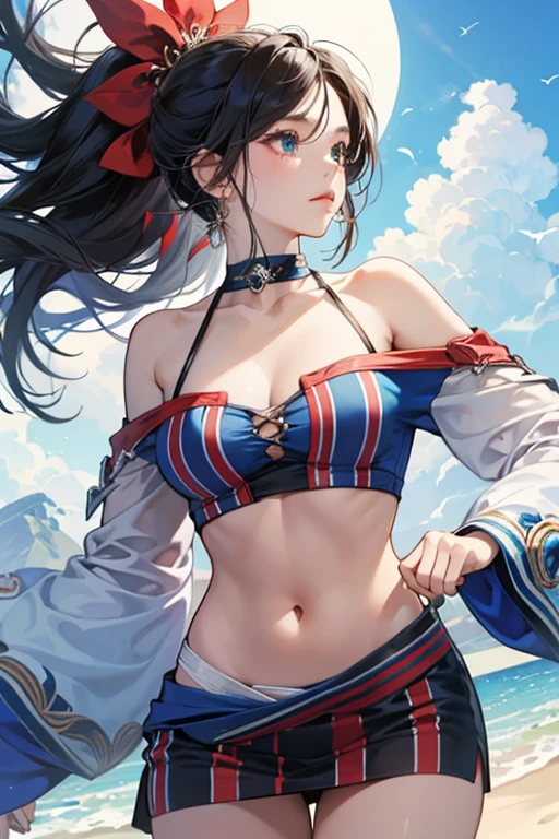 ((masterpiece)),(bestquality),((ultra-detailed)), (beautiful detailed face), depth of field,detailed,((beautiful detailed eyes)), big breast, beidoudef, eye patch, body 3:4, in a pirate boat.