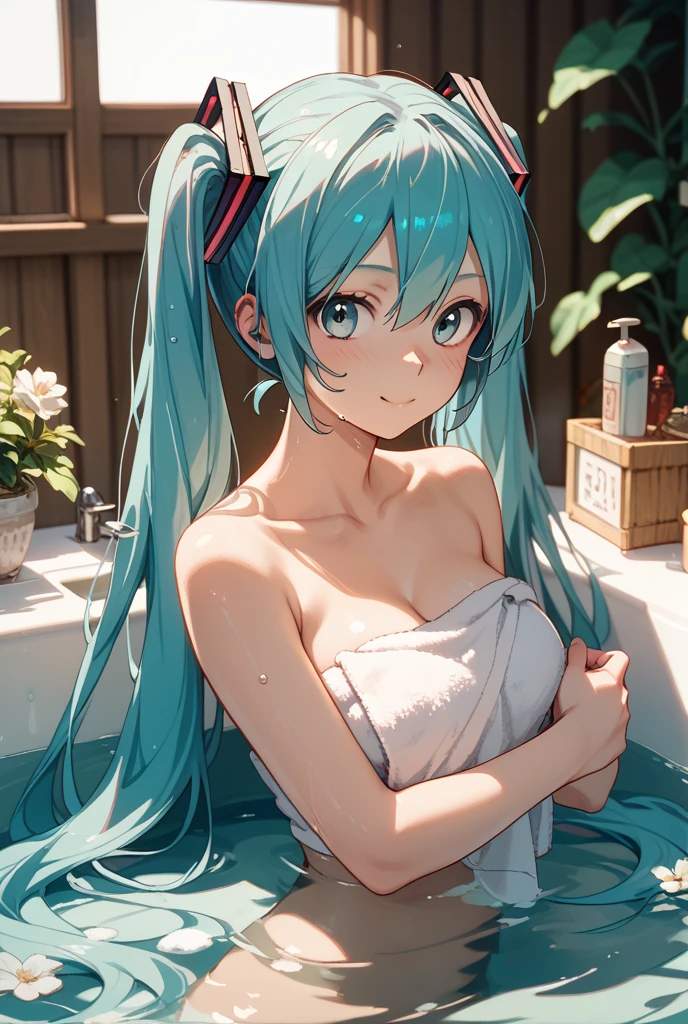 "Hatsune Miku wears a white bathrobe，Delicate and soft skin appears more delicate。She sat in the bathtub，Tiny bubbles and light steam float on the surface of the water，In the afterglow，The whole picture is softer and warmer。"