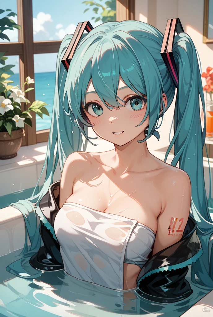 Super detailed, NSFW, masterpiece, High resolution, Photorealistic digital art, perfect lighting, (((1 girl, perfect anatomy))), accurate right hand, accurate left hand, five fingers, perfect style, shy smile, (((hatsune miku,))) 3d face, big light blue-green eyes, glossy lips, blue-green long hair, shiny skin,  (((twin tails))), big square hair accessories, White string bikini,
