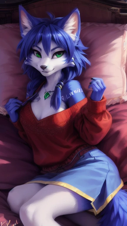 A beautiful and detailed (sweet portrait) wa ((Krystal)), Star Fox Krystal, sslim, lovable, green eyes, medium breasts, (((Long blue hair 1.3))), Decollete, grin, look up,, anthro, furry, Uploaded E621, detailed fluffy fur, (wa Fluff-Kevlar, Bayard Wu, personalize me, Pino Daeni), detailed face, (fluffy), 1 girl, alone, lying on a bed, everyday clothes, heller pullover 1.3, black trousers, wa Kopf bis Fuß, relaxing lying down