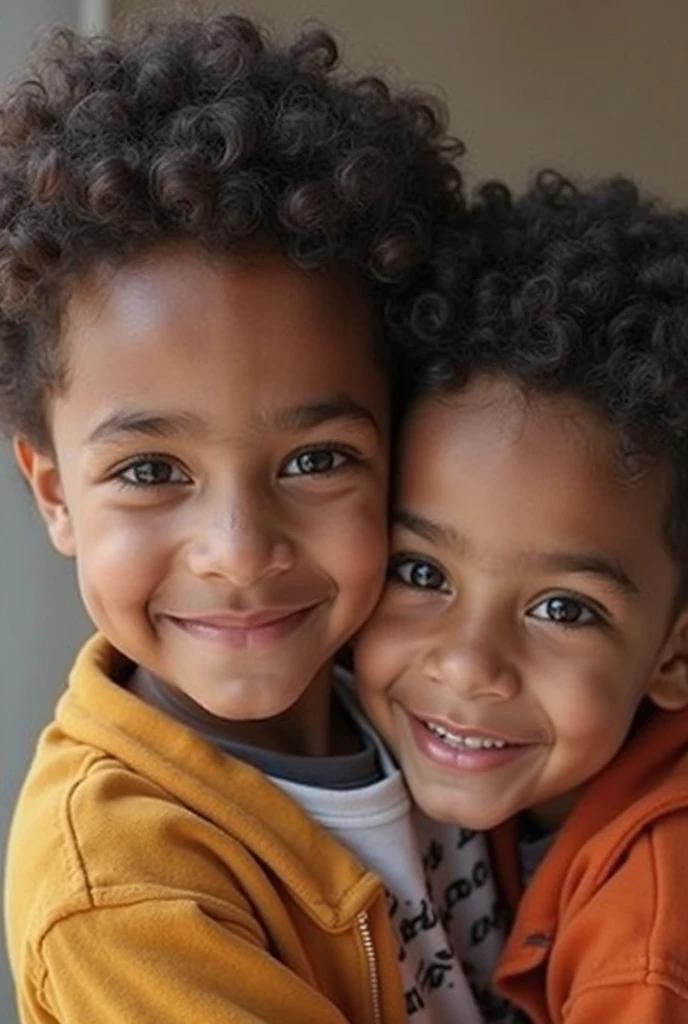 African child, twin, girls with pink pacifier, and the boy with the blue pacifier, Erê de umbanda, very curly and low hair, cute african kid, detailed pacifier, a male with a cap dressed in blue and green colors and a female dressed in red, Orange and Pink, cute kids