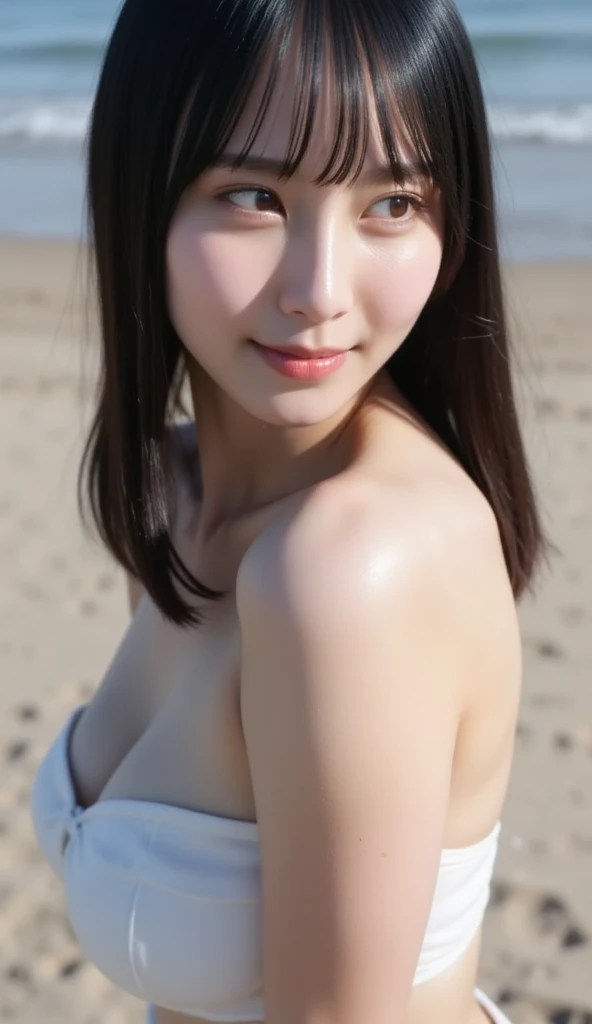(best quality:1.2, highres:1.2), soft background blur, full body shot, 1 high school girl, (big breasts), brown hair, (nude), beautiful pink nipples, small nipples, large expressive eyes, blushing face, smiling, extremely detailed face and skin texture, healthy complexion, (beach), 4k resolution