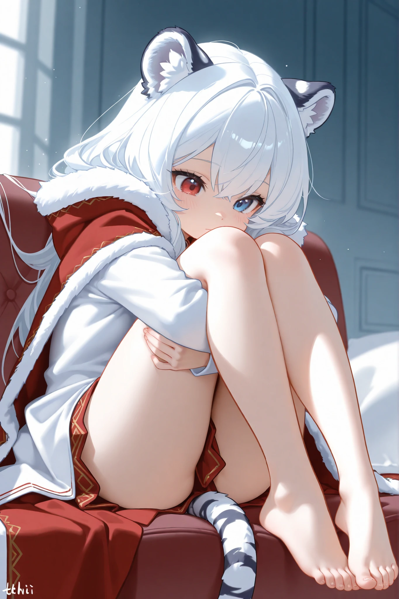 Anime girl with white hair and cat ears, ruby eyes, shy, blush, medium breast, bare legs, high contrast, soft light, master piece, extraordinary nice