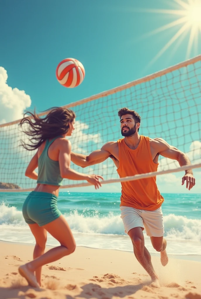Couple playing beach tennis with wooden racket