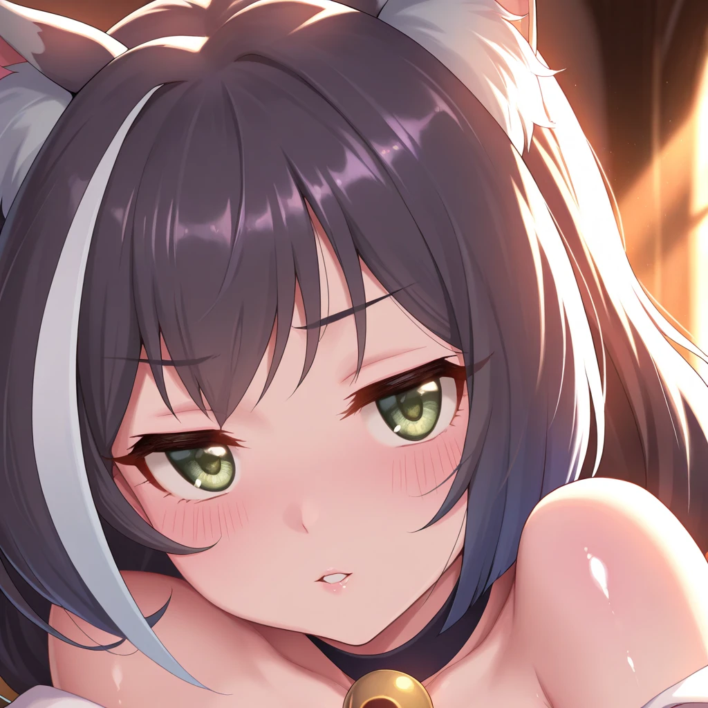 Score_9, Score_8_up, Score_7_up, Score_6_up, Score_5_up, Score_4_up, source_anime, 1girl, karyl, animal ear fluff, animal ears, black hair, black ribbon, cat ears, cat girl, cat tail, fang, green eyes, hair bow, long hair, low twintails, multicolored hair, purple bow, ribbon, skin fang, streaked hair, tail, twintails, vertical stripes, white hair, standing, cum in mouth, cum on face, cum on hair