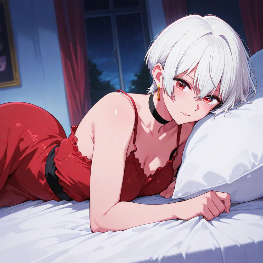 Woman with short white hair, kneeling, Red eyes, licking another girl's vagina, standing, View from above